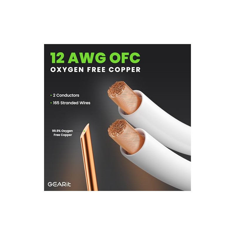 GearIT 12AWG Cable Trenzado Resistente para bocina, Blanco, 1,82m