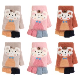 QKURT 3 Pairs Kids Fingerless Gloves Convertible Flip Top Gloves Knitted Half Finger Gloves Winter Warm Mittens Stretch Magic Gloves for Boy Girls 5-12 Years Old