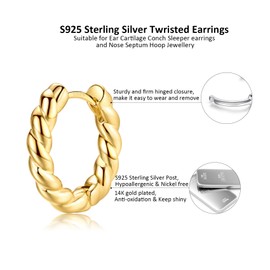 CERSLIMO Gold Hoop Earrings for Womens - S925 Sterling Silver Earrings, 10mm Helix Tragus Cartilage Earrings | Cuff Huggie Gold Hoops Jewellery for Girls Twisted Hoop Earrings