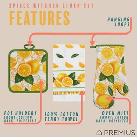 PREMIUS - Juego de 3 piezas de lino de cocina con estampado de limón, 1 toalla de algodón, 1 agarrador, 1 guante de horno con lazo para colgar, material 100% algodón en la parte delantera y respaldo