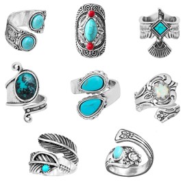 NEWITIN 8 Pieces Turquoise Rings for Women Spoon Ring Adjustable Western Ring Feather Ring Boho Statement Rings Vintage Ring Turquoise Jewelry Gifts for Women Men