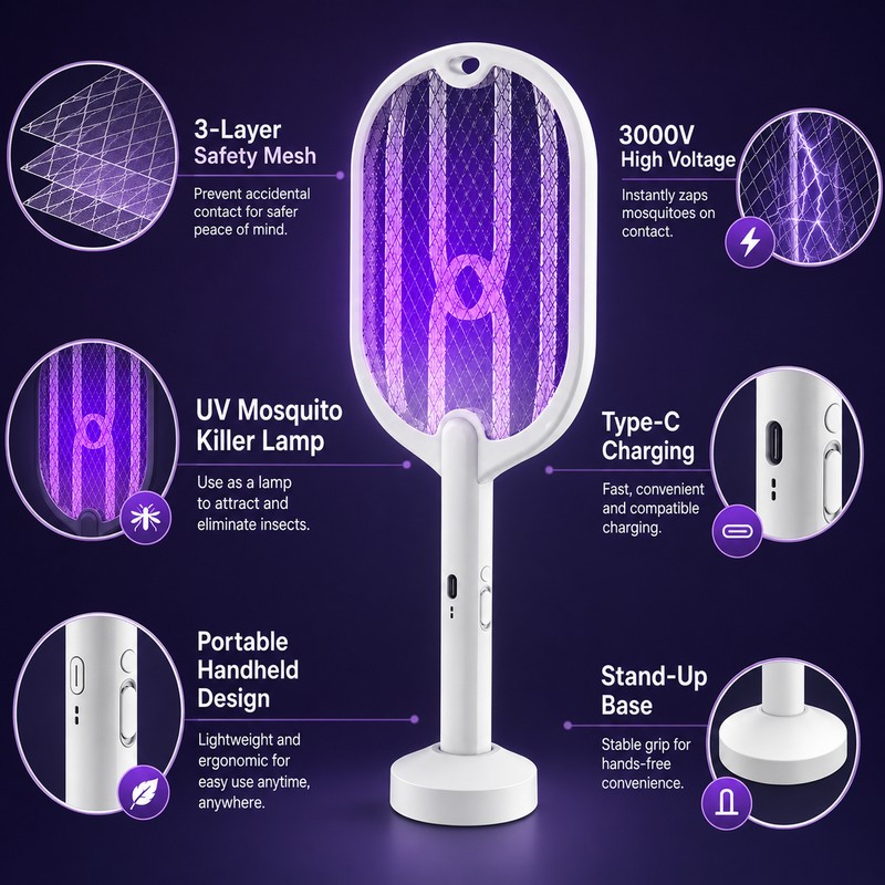 3-in-1 Electric Mosquito Swatter for Home Pest Control – Type-C