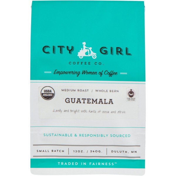 City Girl Coffee Guatemala tostado medio, frijol entero, orgánico y comercio justo, lote pequeño, bolsa resellable de 12 onzas