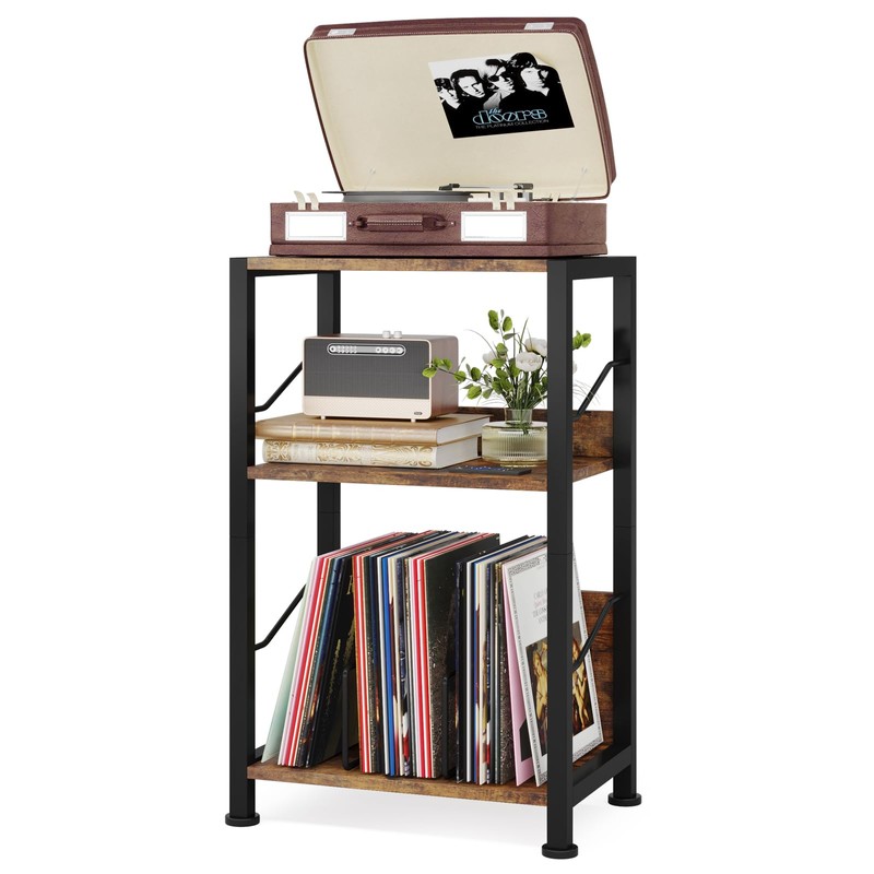 Hosfais 3 Tier Record Player Stand, Retro Vinyl Storage End