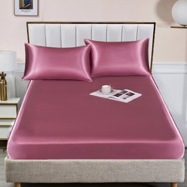 YASMENG Old Rose Twin Satin Fitted Sheets Only for Single Bed, 1 Pack Cooling Smooth Silky Bed Bottom Sheet with Elastic Deep Pocket, Soft Hotel Luxury Mattress Protector Cover for All Seasons