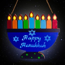 [ Lighted ] Hanukkah Lights Menorah Battery Operated Wooden Happy Hanukkah Door Sign Wreath Blue Lights Star of David for Chanukah Front Door Wall Windows Hanukkah Decorations Jewish