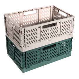 Pack of 2 Folding Crates, Plastic Sturdy Folding Boxes, Foldable Storage Basket, Stackable Folding Crates Set for Storage, Kitchen, Bedroom, Study, Office, Garden (Grey + Dark Green, 30.5 x 20 x 12