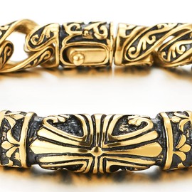 COOLSTEELANDBEYOND Tribal Gold and Black Color Mens Steel Cross Charm Link Chain Bracelet with Spring Clasp, 8.7 Inches