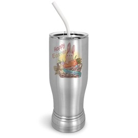 PixiDoodle Bunny Happy Easter Pilsner Tumbler with Spill-Resistant Slider Lid and Silicone Straw - Bad Bunny Easter Bunny Basket (14 oz Pilsner, Silver)