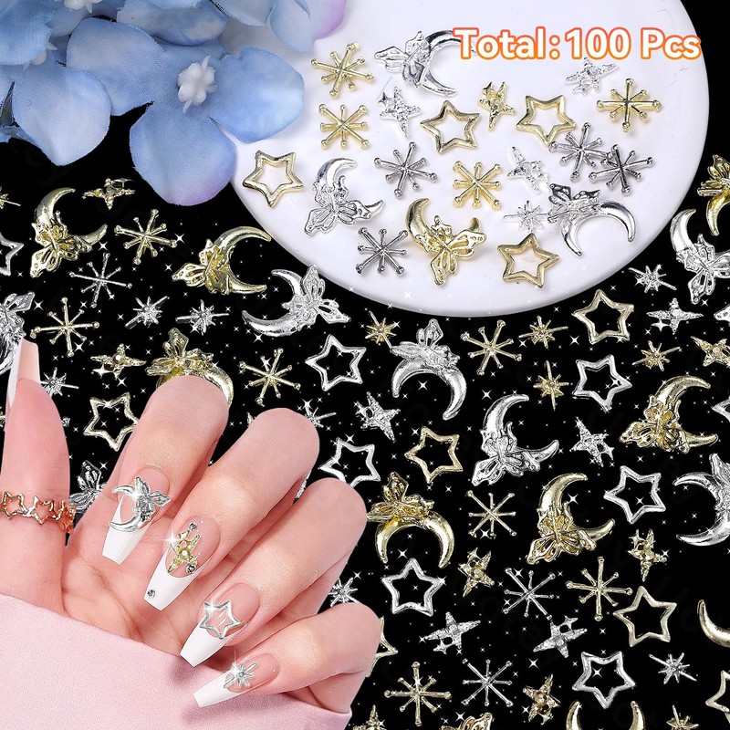100 Pcs Star Nail Charms for Acrylic Nails, Gold Silver