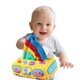 Montessori Baby Tissue Box Toy for 6-12 Months - Soft Crinkle Sensory Toys with ABC, Numbers & 8 Textured Squares | Infant Toddler Learning Gift, Stocking Stuffer (Yellow)