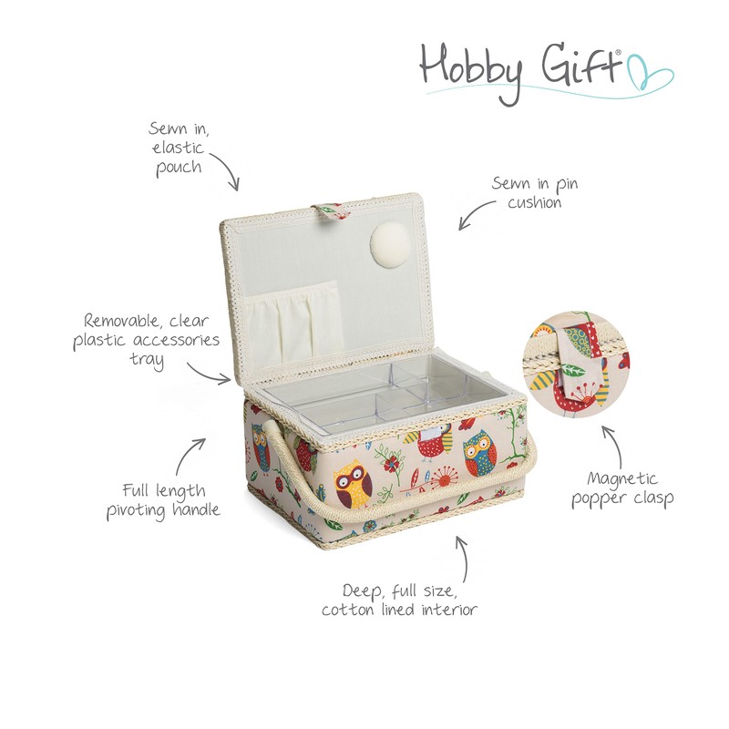 MEDIUM Owl Print Sewing Basket With Handle & Removable Tray