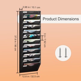 Senhoglb 12 Tier Hanging Wall File Holder, Metal A4 Wall Mounted Document Holder, Vertical Hanging Mail Organizer, Magazine Storage Rack for Office Home Classroom, Black