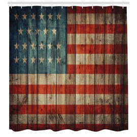 Ambesonne USA Shower Curtain, Fourth of July Independence Day Painted Old Wooden Rustic Background Patriot, Cloth Fabric Bathroom Decor Set with Hooks, 69" W x 70" L, Blue Red Pale Brown