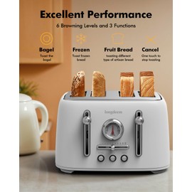 4-Slice Stainless Steel Toaster with 1.6" Wide Slots, Retro Bagel Toaster with 6 Browning Levels, Defrost/Bagel/Cancel, Removable Crumb Tray, Cute White
