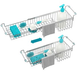 FavoThings Over The Kitchen Sink Caddy Sponge Holder Organizer Drying Rack Expandable for Sponge Brush Soap Dish Cloth Rag 14.5" to 22", Stainless Steel