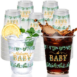 50 PCS Sage Green Baby Shower Plastic Cups,12 OZ Clear Disposable Cold Hot Drinking Cups Beverage Water Container Greenery Eucalyptus Leaves Themed Welcome Oh Baby Party Supplies