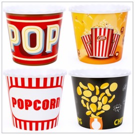 ONONEXPRESS Modern Style Reusable Plastic Popcorn Box/Popcorn Containers/Popcorn Bowls Set for Movie Theater Night - (BPA Free - 4 Pack - 75 oz) (Popcorn Mix E)