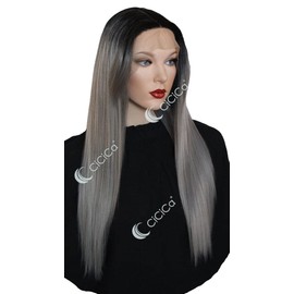 Lace Front Wigs, 28 Inches Long Wig, Straight Wig with Side Bangs, Ombre Black Roots to Grey Wig, Soft Lace Wig, Premium Heat-Resistant Synthetic Hair Replacement Wigs for Women.