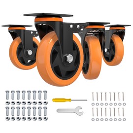 5 Inch Caster Wheels,Orange Casters Set of 4, Heavy Duty Casters with Brake 2200 Lbs, Locking Industrial Swivel Top Plate Casters Wheels for Furniture and Workbench Cart(Two Hardware Kits Include)