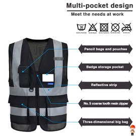A-SAFETY 7 Pockets Hi Viz Zipper Front Working Safety Vest with Reflective Strips, Multiple Colors Available, Black M
