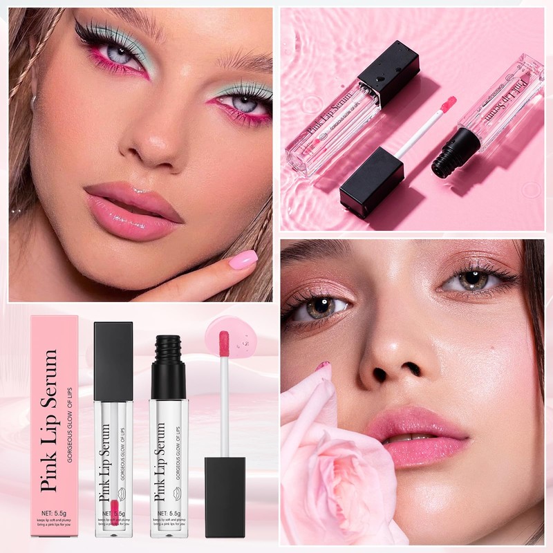 Pink Lip Serum 2 Pack,Multi-function Plump It,Lip Gloss Sets for