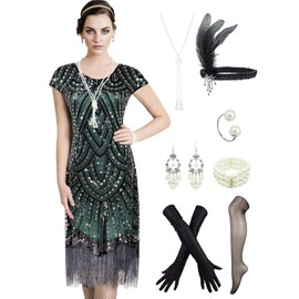 Women's Flapper Dresseses 1920s Sequin Fringed Paisley Great Dress Costumes w/ 20s Accessories Set