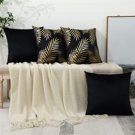 JOTOM Pack of 4 Velvet Soft Cushion Cover Gold Leaves Modern Decorative Pillow Covers Bronzing Pillow Cases Square Throw Pillow Covers for Bedroom Sofa Car Home Couch Decor 45 x 45 cm (Black)