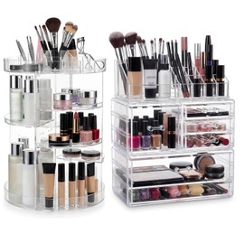 Canchiing Acrylic Makeup Organizer Set, 360 Rotating Makeup Organizer, Clear Drawer Vanity & Countertop Cosmetic Storage for Brushes, Jewelry, for Vanity, Bathroom, Bedroom, Closet