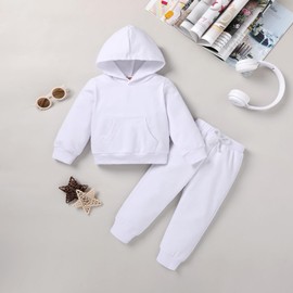Happy Town Baby Fall Outfits for Girl Boy Long Sleeve Hoodie Top and Long Sweatpants Set Toddler Sweatsuit (Solid Color-White, 6-7 T)