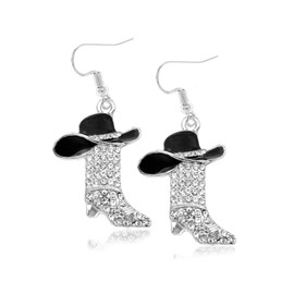 Cute Western Boots Cowgirl Cowboy Rhinestones Dangle Drop Earrings for Women Girls Dainty Boho Enamel Hat Boot Hypoallergenic Lightweight Dangling Fashion Y2K Jewelry Gift Party Christmas (Black)