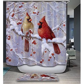 Snowy Cardinal Birds Shower Curtain Set, Winter Spring Christmas Cardinals Pair Bathroom Decor Waterproof and Washable Curtain Hooks Included(72" 72" Curtain)