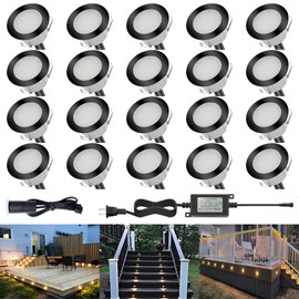 CHNXU LED Outdoor Deck Lights Kits with Photocell, Φ1.77in Warm White 20 Pack Black, Low Voltage 12 Volt IP67 Waterproof, Electric Wired Recessed Stair Step Riser Landscape Lighting for Exterior Yard