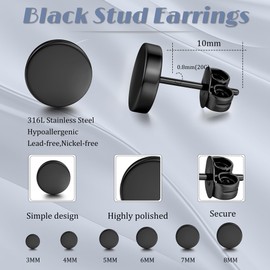 YADOCA 6 Pairs Black Stud Earrings for Men Women Hypoallergenic 316L Surgical Stainless Steel Round Dot CZ Ball Black Earrings Studs Set 3-12 MM