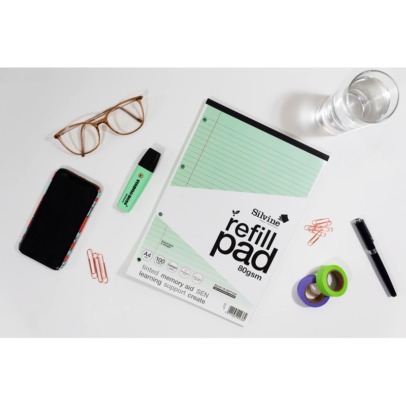 Silvine A4 Green Paper Dyslexia Refill Pad - Lined with