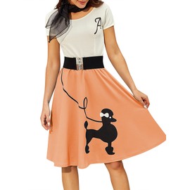 ZEZCLO Women's Retro Poodle Print Skater Dress Vintage High Waist Rockabilly Swing Tee Cocktail Party Dresses Orange Pink S