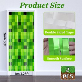RenSton 2 PCS Green Foil Curtain, Green Pixel Miner Theme Curtains, Door Tinsel Curtain, 3.2x6.6ft Pixel Game Inspired, Photo Booth Props Backdrop Birthday Decorations Supplies