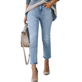 Lesore Womens High Waist Washed Raw Hem Mom Ripped Distressed Destroyed Straight Leg Cropped Jeans Denim Pants Pockets Blue 27