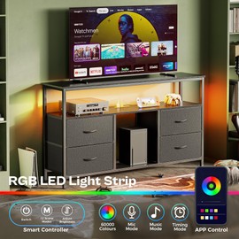 Huuger 47 Inch TV Stand Dresser with Power Outlets and LED Lights, 4 Drawers Entertainment Center with Open Shelf, Media Console for 55 50 Inch TV, Dresser with PU Finish, Black