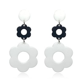 TIANHONGYAN Handmade Acrylic Flower Earrings - Bohemian Double Daisy Drop Resin Flowers Dangle Earrings for Women 70s 80s Party Accessories (white+black)