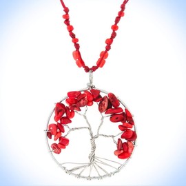 2 5/16" Necklace Tree Of Life Wire-Wrap Red Coral Chips Pendant Unique Chic Crystal Rhinestone Elegant Jewelry Necklace For Women