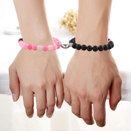 2 Pcs Matching Bracelets for Couples Magnetic Couples Love Bracelets, His and Hers Relationship Bracelet for Boyfriend Girlfriend, Locked Bracelets for Couples (pink + black)