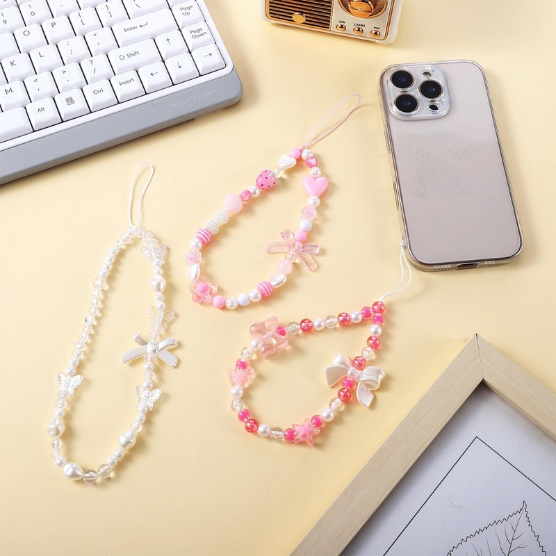 KFHENSOMR 3pcs Cute Beaded Phone Lanyard Wrist Strap, Beaded Pearl