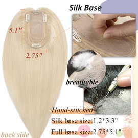 S-noilite Silk Base Real Human Hair Topper for Women No Bangs Remy Hair Toppers Hair Piece Clip In Topper Wigs for Thinning Hair/Hair Loss(14 Inch,#Platinum Blonde)