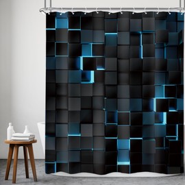 Riyidecor Black Blue Shower Curtain 60Wx72H Inch Abstract Navy Brick Modern 3D Wall Gradient Designer Futuristic Cubes Geometric Plaid Man Cool Bathroom Decor Fabric Polyester Waterproof 12 Pack Hooks