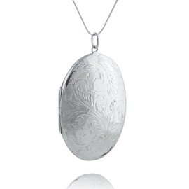 FashionJunkie4Life Sterling Silver Large Oval Etched Floral Photo Locket Necklace, 18" Snake Chain, Sterling Silver, Sterling Silver