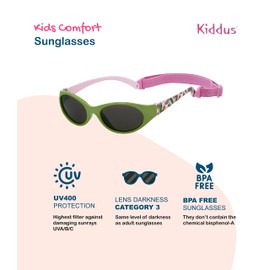 Kiddus Sunglasses for Kids Girls Boys Age 2+ UV400 Sun Filter CAT 3 Made of Rubber BPA Free Adjustable and Removable Strap, 23 Tropical Green