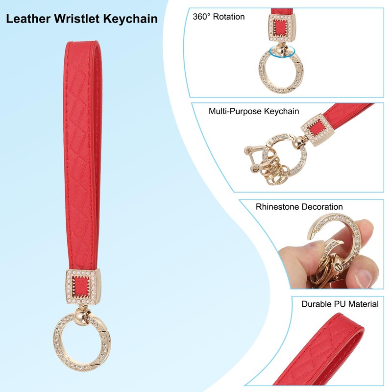 [PATIKIL] レザーリストレットキーチェーン キーチェーンホルダーキーフォブリ ストバンド 5つ キーリングと紛失防止Dリング付き 男性用女性用財布車キー用 金色/レッド