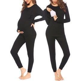 Ekouaer Nursing Pyjamas Women's Pregnancy Long Sleeve Striped Thermal Maternity Pyjamas Set Winter S-XXL, A-Black
