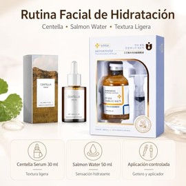 Set Facial de Sueros Ligeros 2 Piezas, Suero de Centella 30 ml y Esencia Facial Salmon Water 50 ml con Aplicador, Kit de Cuidado Diario para Rostro, Día y Noche